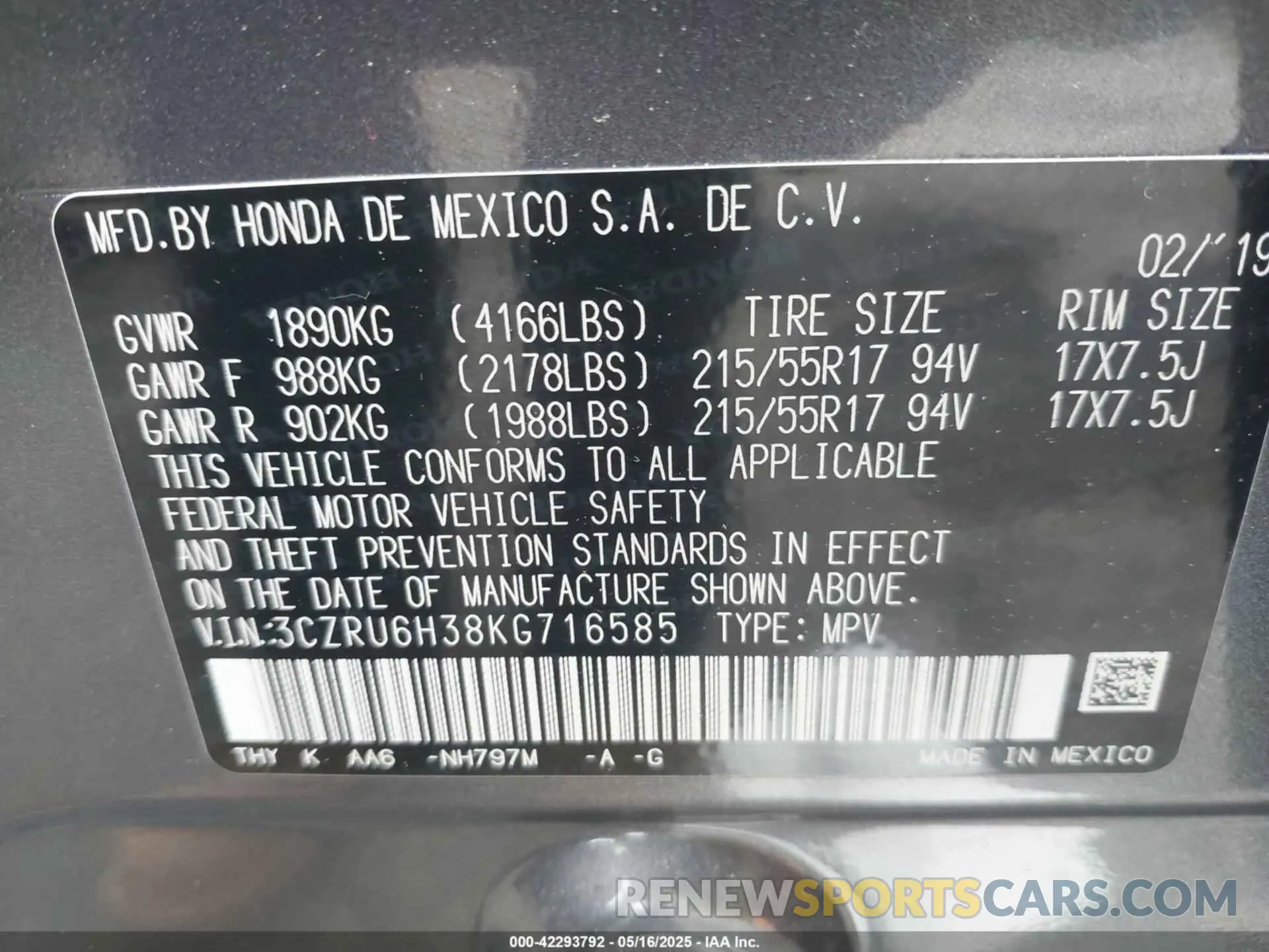 9 Photograph of a damaged car 3CZRU6H38KG716585 HONDA HR-V 2019