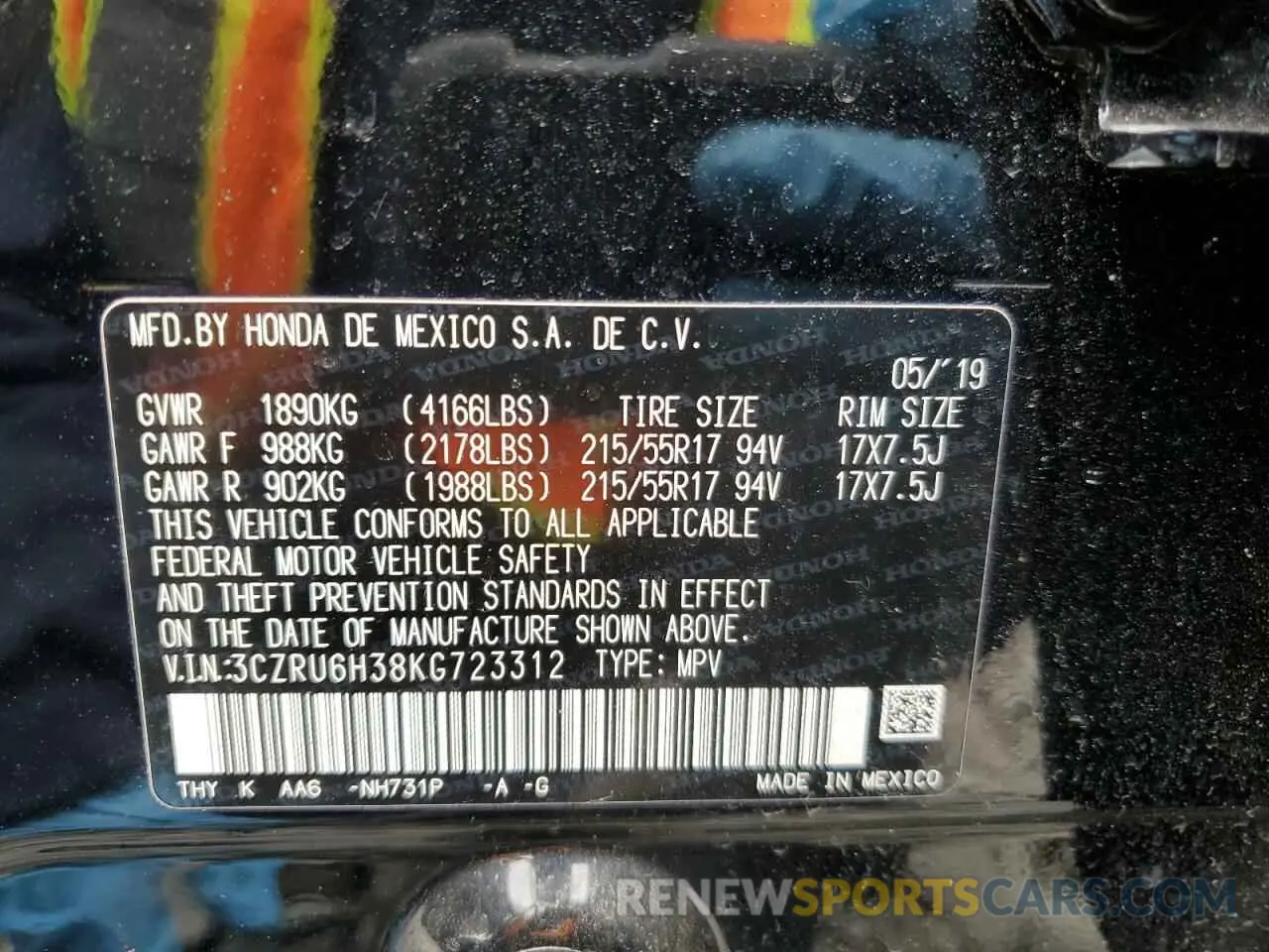 13 Photograph of a damaged car 3CZRU6H38KG723312 HONDA HR-V 2019