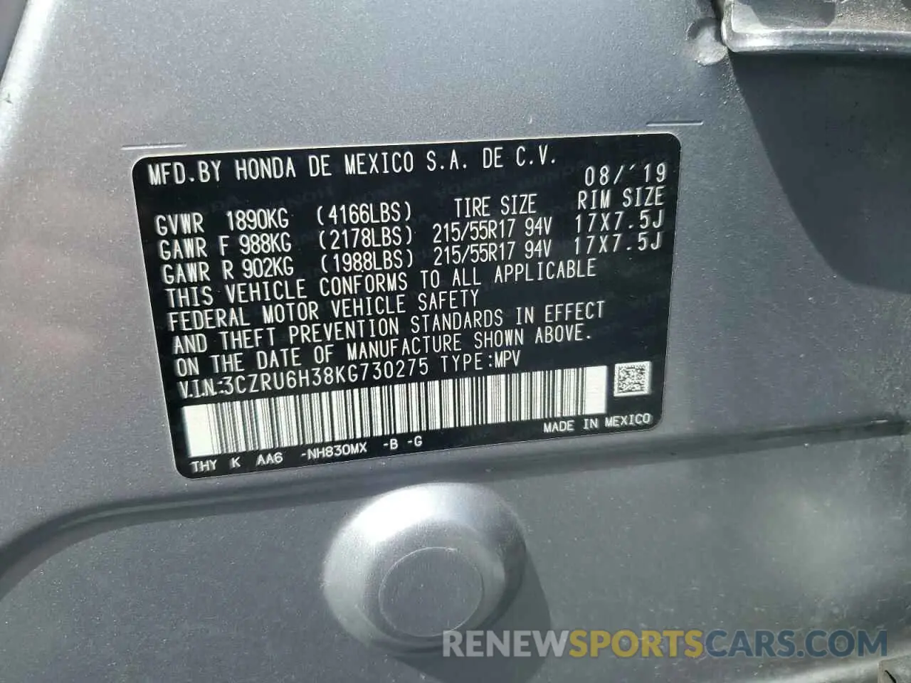 13 Photograph of a damaged car 3CZRU6H38KG730275 HONDA HR-V 2019