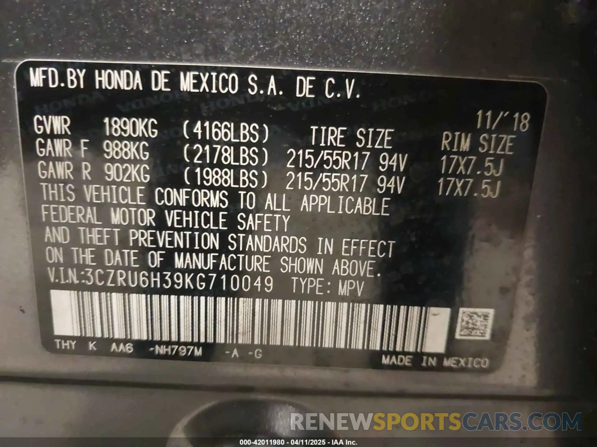9 Photograph of a damaged car 3CZRU6H39KG710049 HONDA HR-V 2019