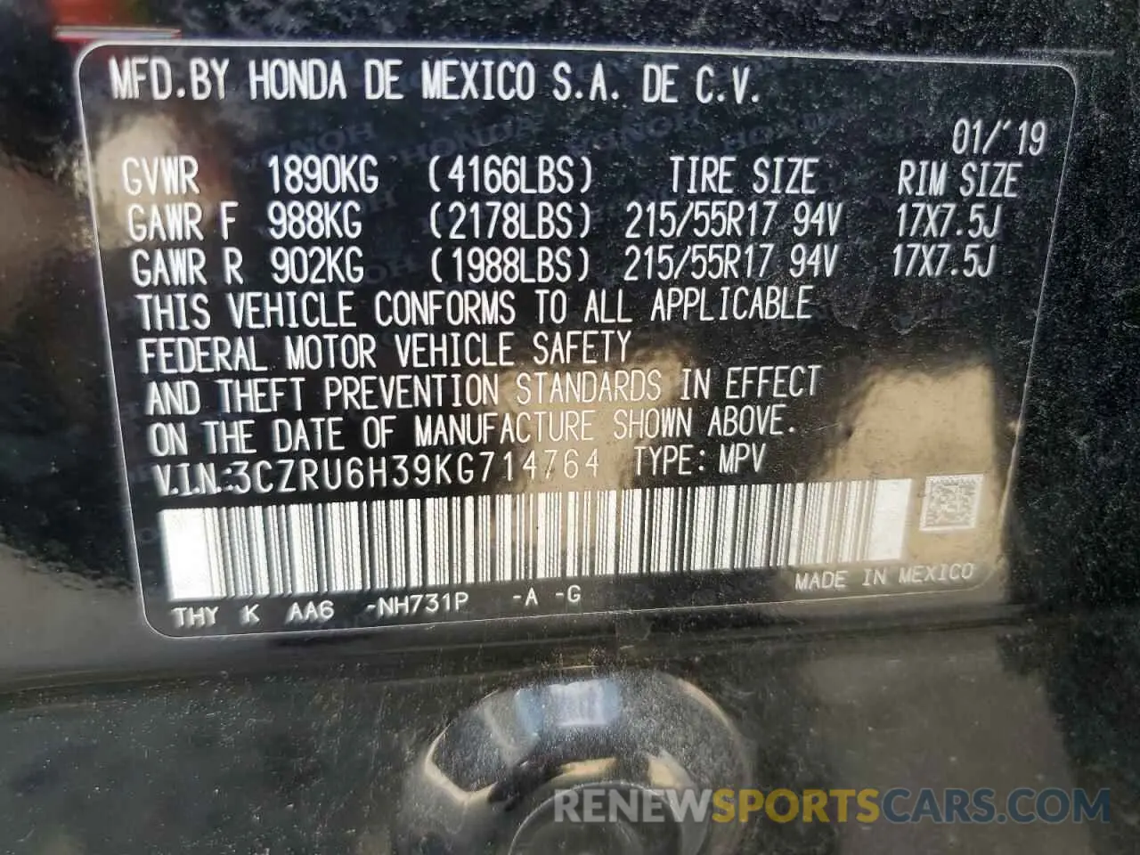 14 Photograph of a damaged car 3CZRU6H39KG714764 HONDA HR-V 2019