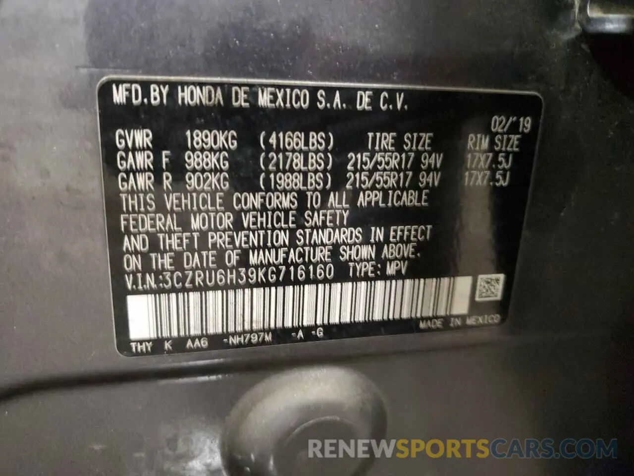 13 Photograph of a damaged car 3CZRU6H39KG716160 HONDA HR-V 2019