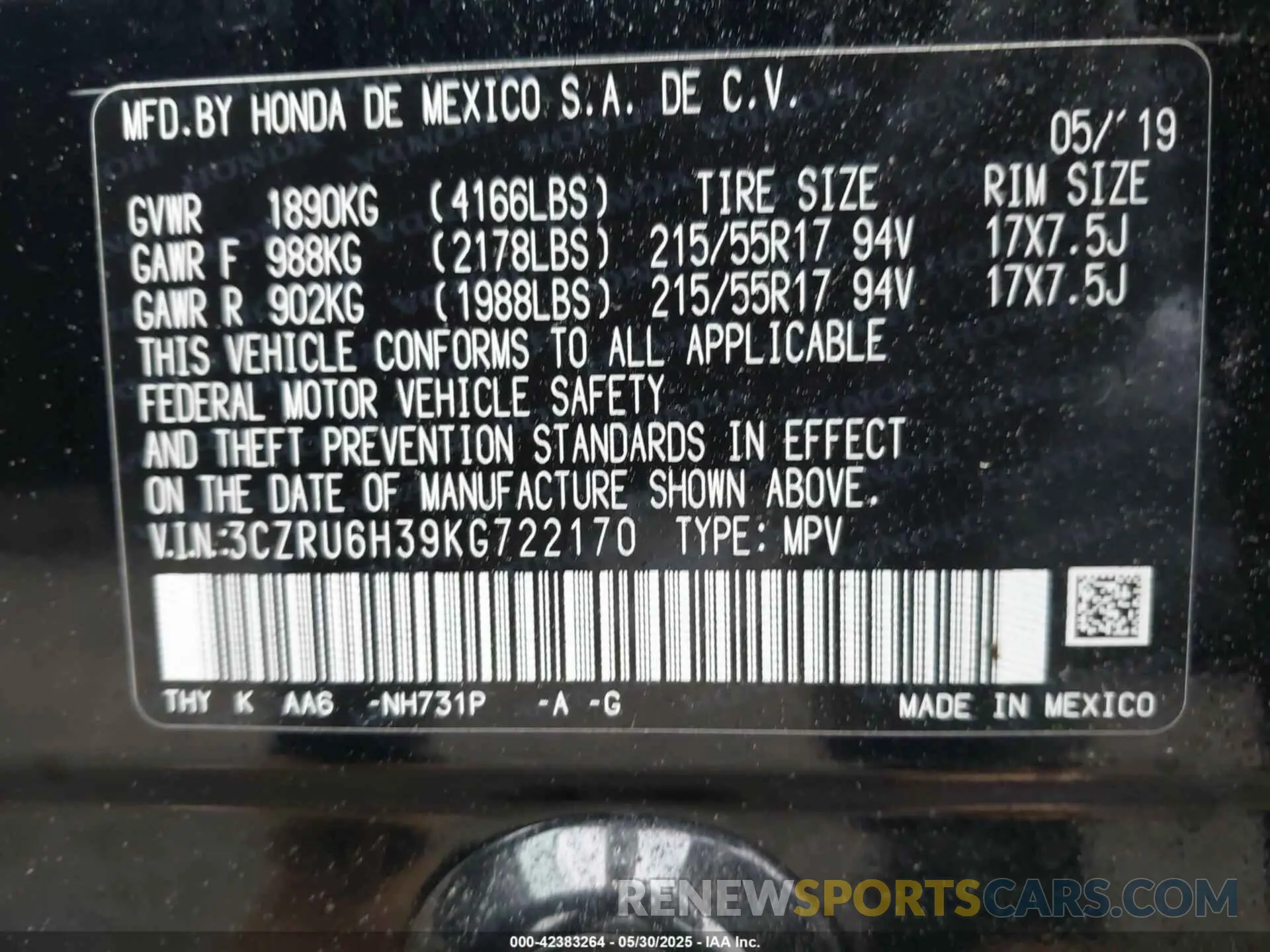 9 Photograph of a damaged car 3CZRU6H39KG722170 HONDA HR-V 2019