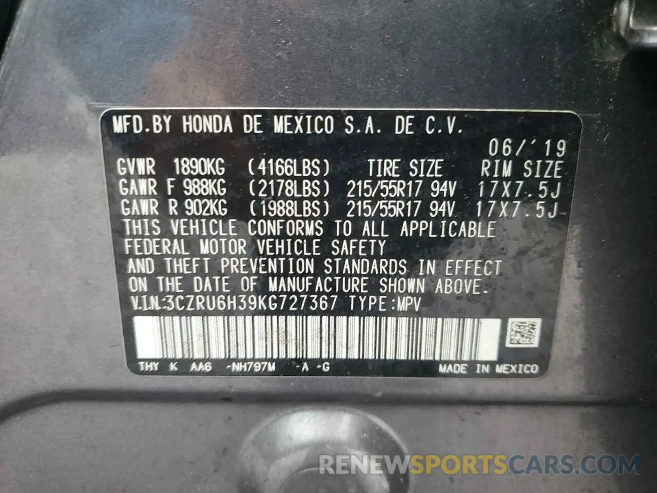 13 Photograph of a damaged car 3CZRU6H39KG727367 HONDA HR-V 2019