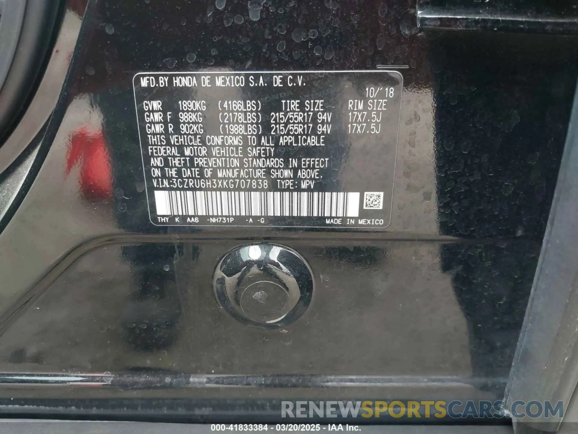 9 Photograph of a damaged car 3CZRU6H3XKG707838 HONDA HR-V 2019