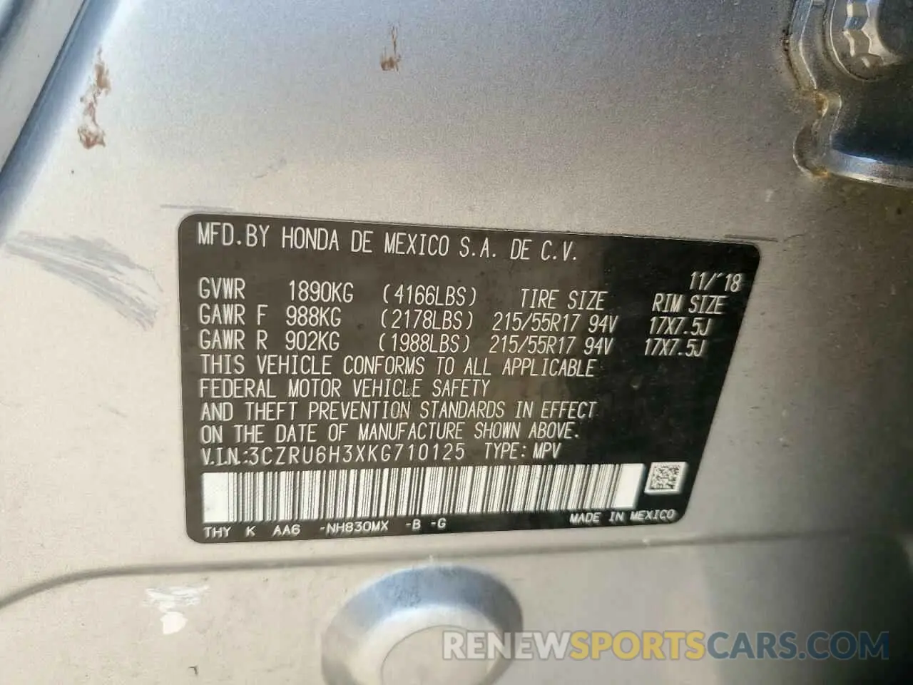13 Photograph of a damaged car 3CZRU6H3XKG710125 HONDA HR-V 2019