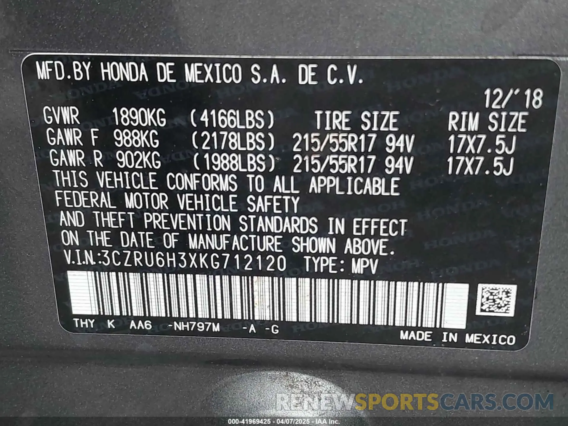 9 Photograph of a damaged car 3CZRU6H3XKG712120 HONDA HR-V 2019