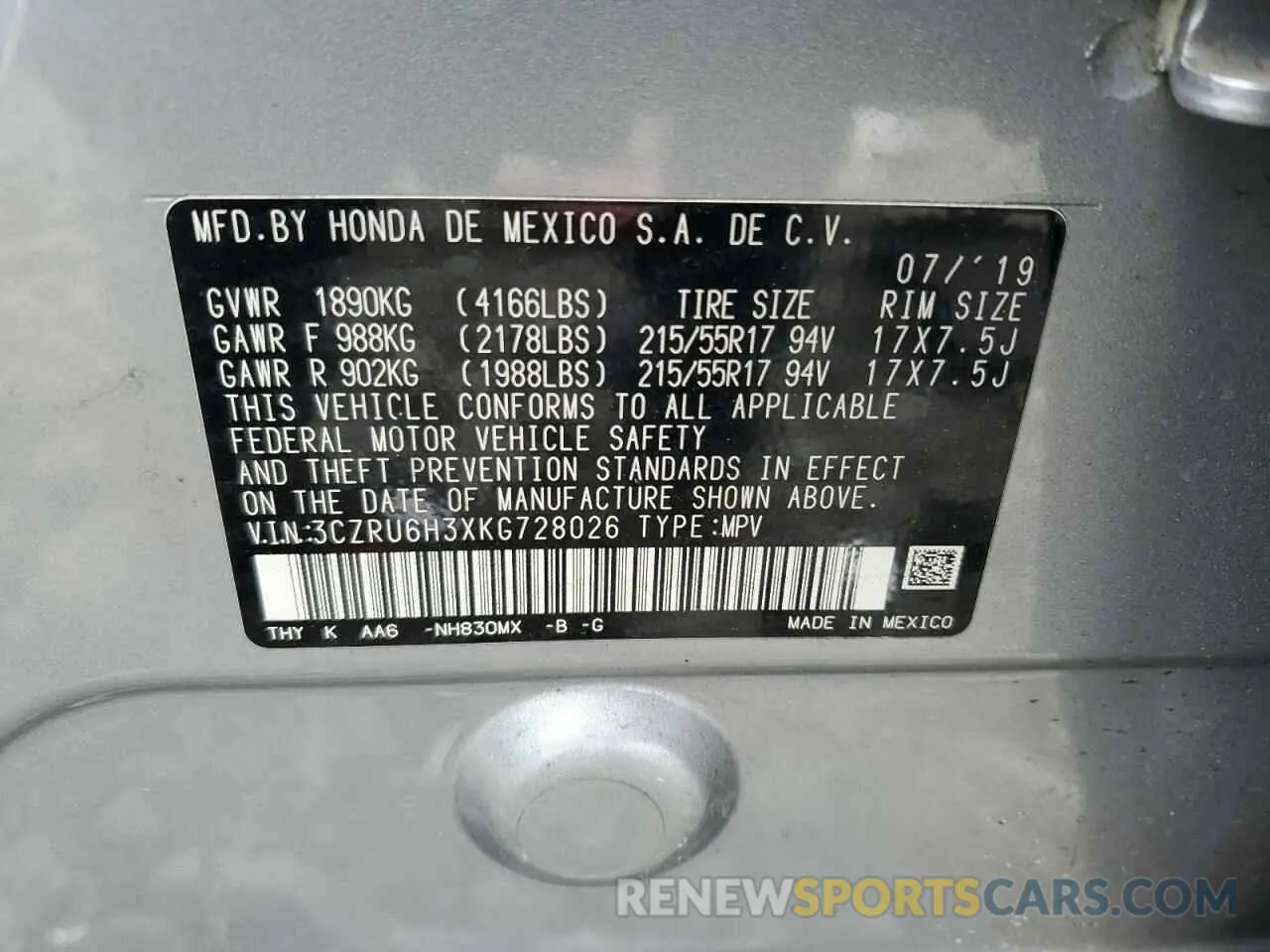 15 Photograph of a damaged car 3CZRU6H3XKG728026 HONDA HR-V 2019