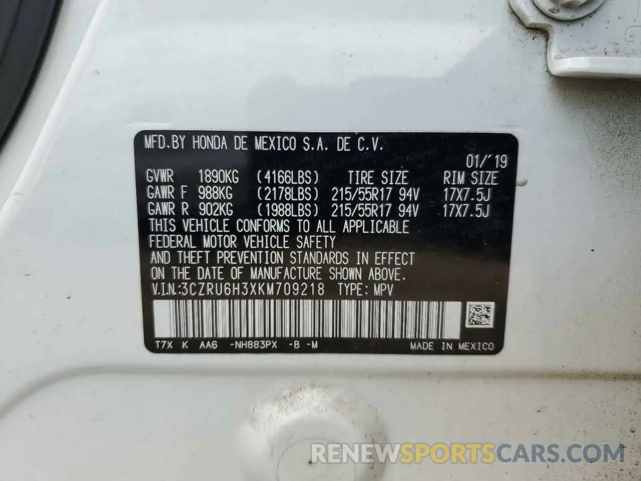 12 Photograph of a damaged car 3CZRU6H3XKM709218 HONDA HR-V 2019