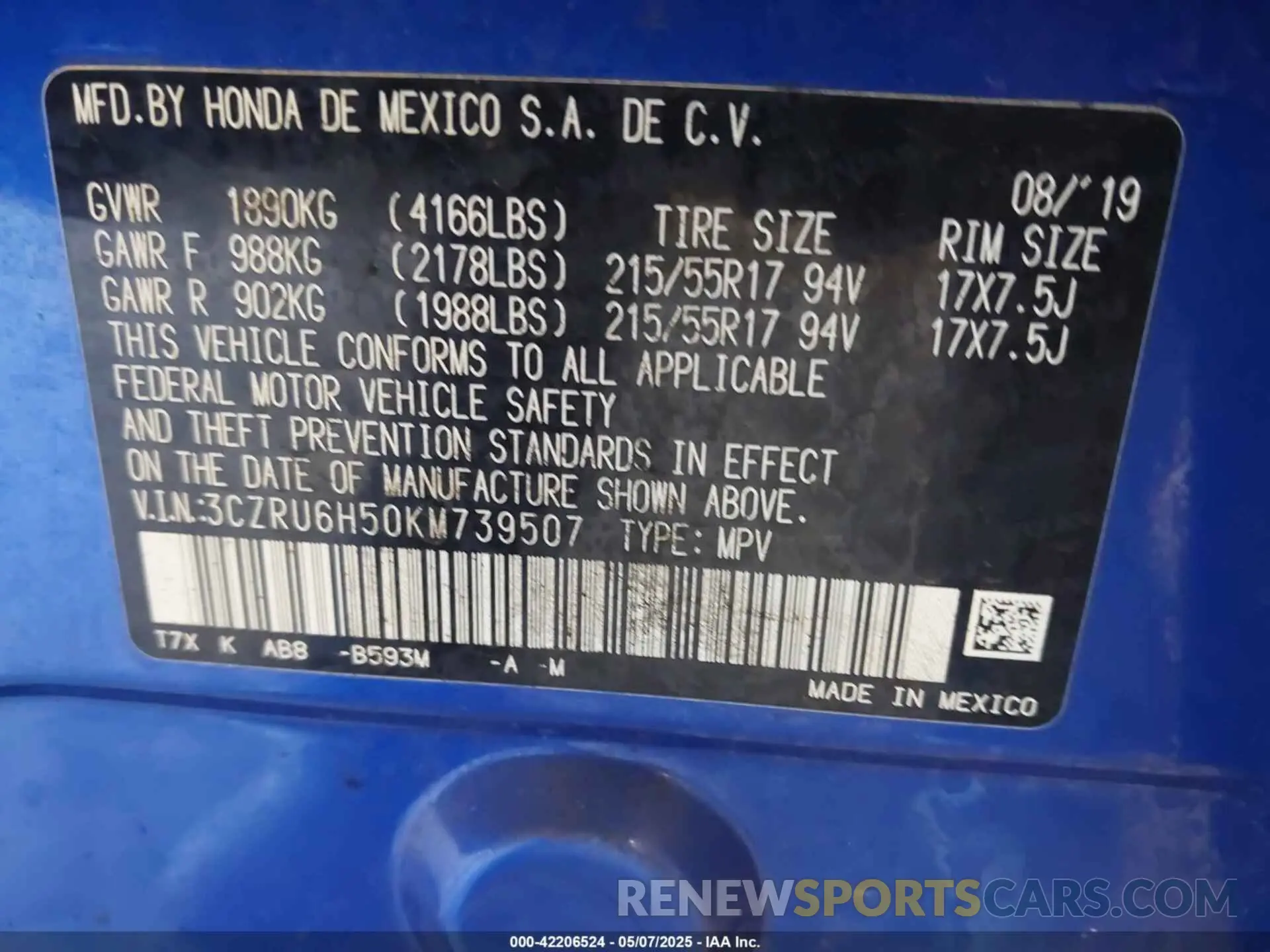 9 Photograph of a damaged car 3CZRU6H50KM739507 HONDA HR-V 2019