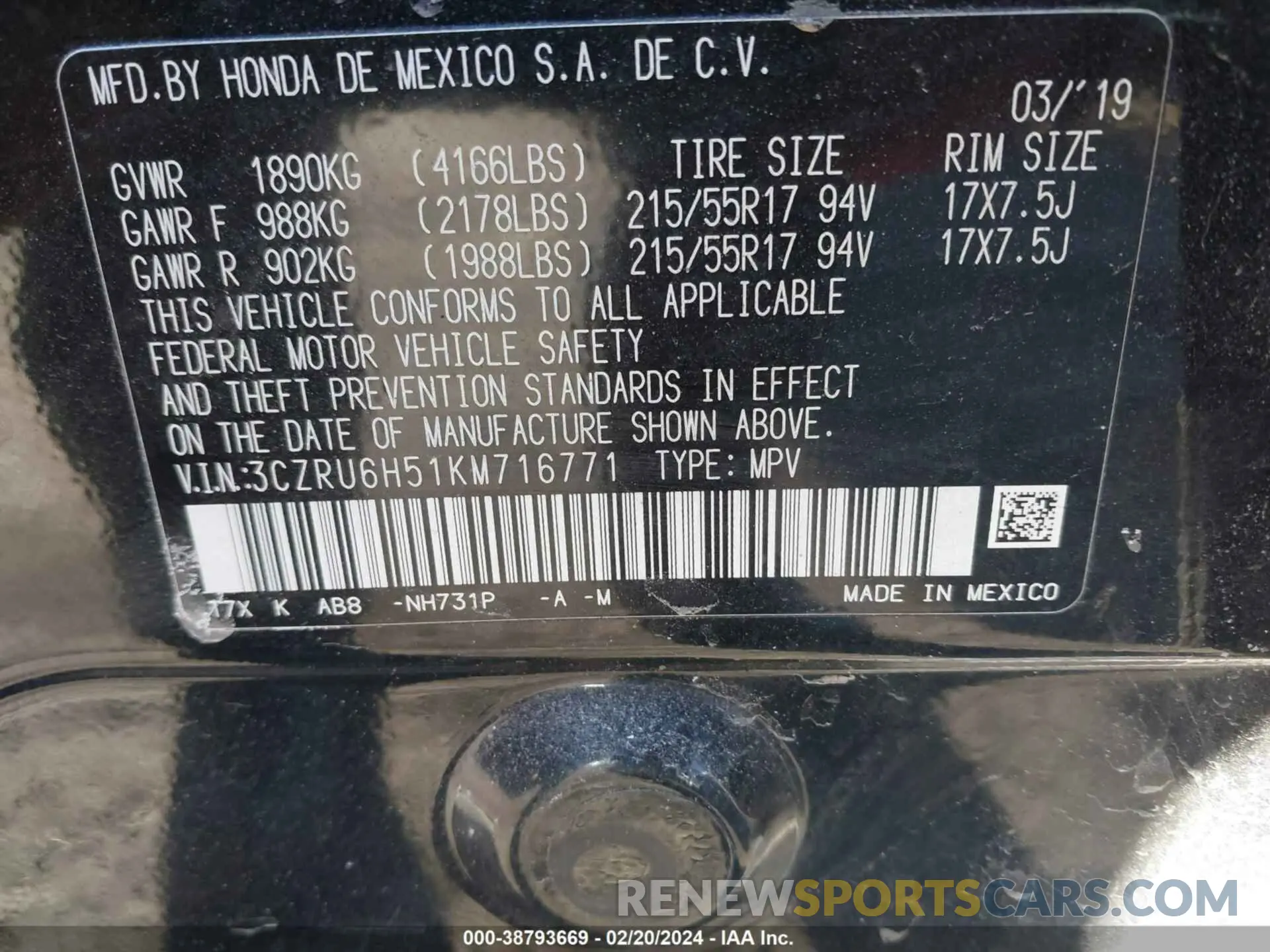 9 Photograph of a damaged car 3CZRU6H51KM716771 HONDA HR-V 2019