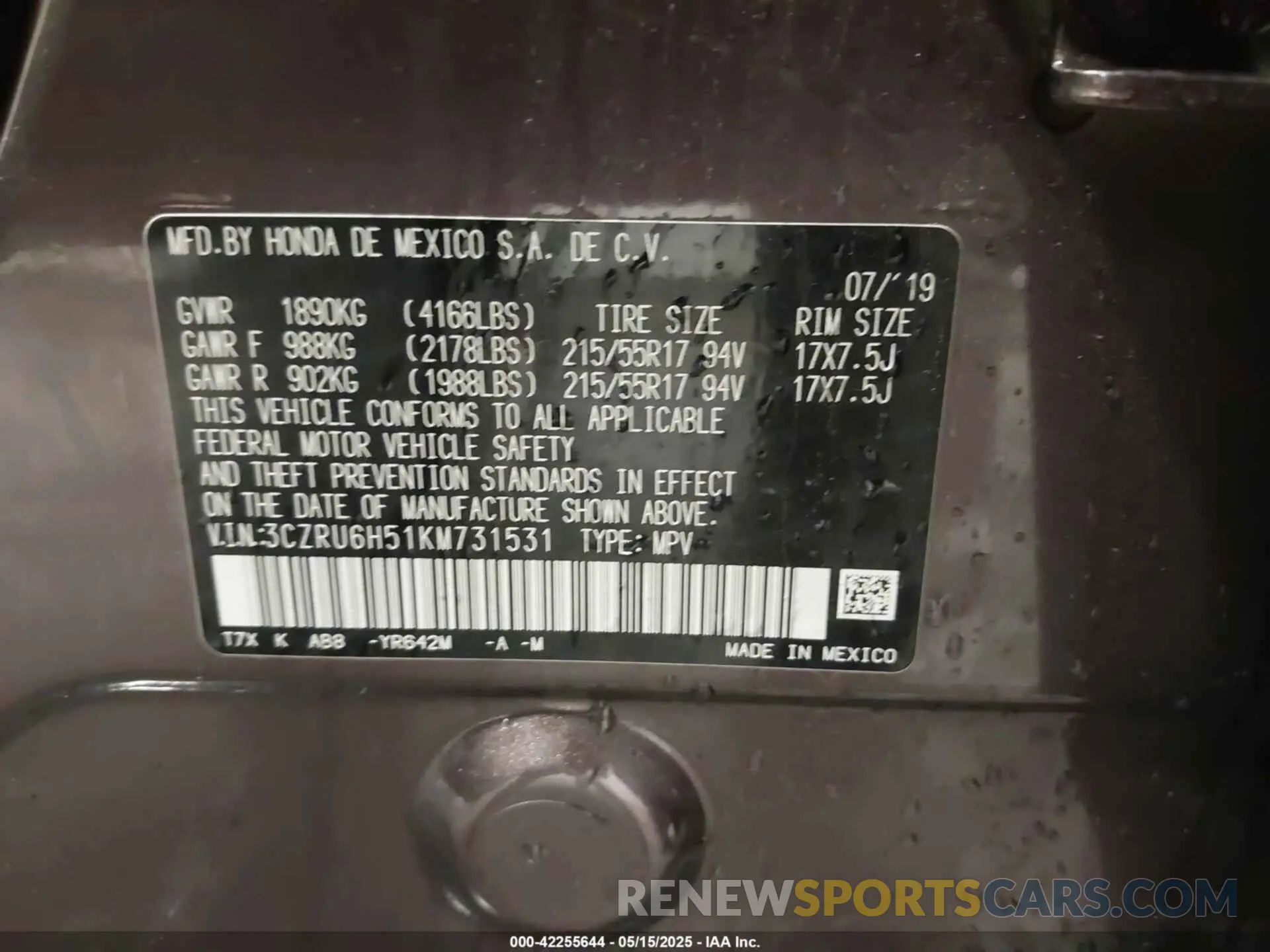 9 Photograph of a damaged car 3CZRU6H51KM731531 HONDA HR-V 2019