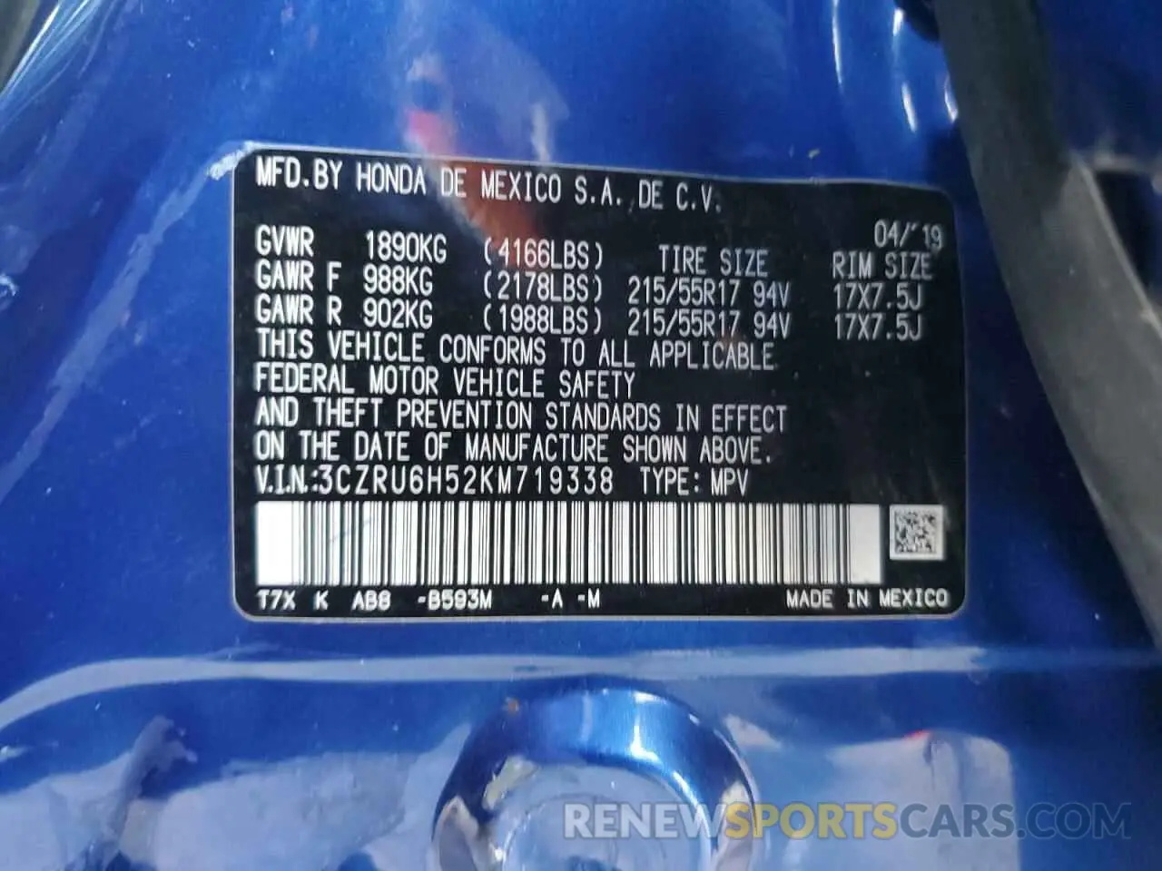 13 Photograph of a damaged car 3CZRU6H52KM719338 HONDA HR-V 2019