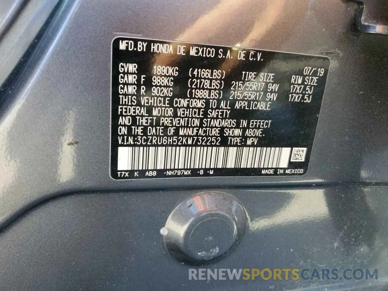 13 Photograph of a damaged car 3CZRU6H52KM732252 HONDA HR-V 2019