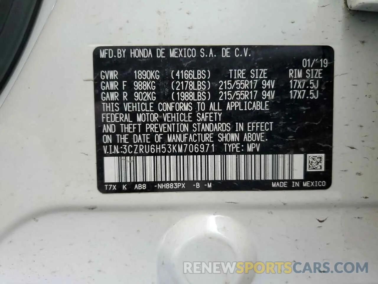 12 Photograph of a damaged car 3CZRU6H53KM706971 HONDA HR-V 2019