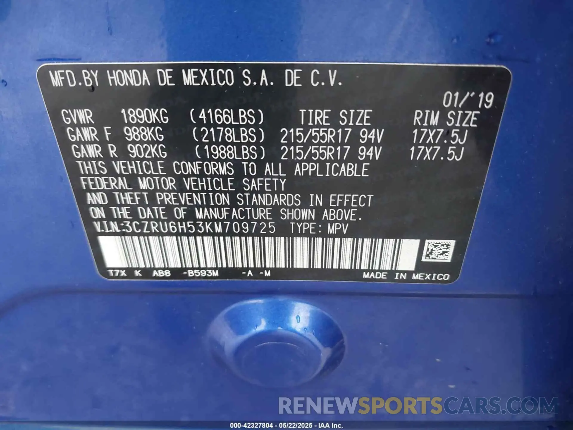 9 Photograph of a damaged car 3CZRU6H53KM709725 HONDA HR-V 2019