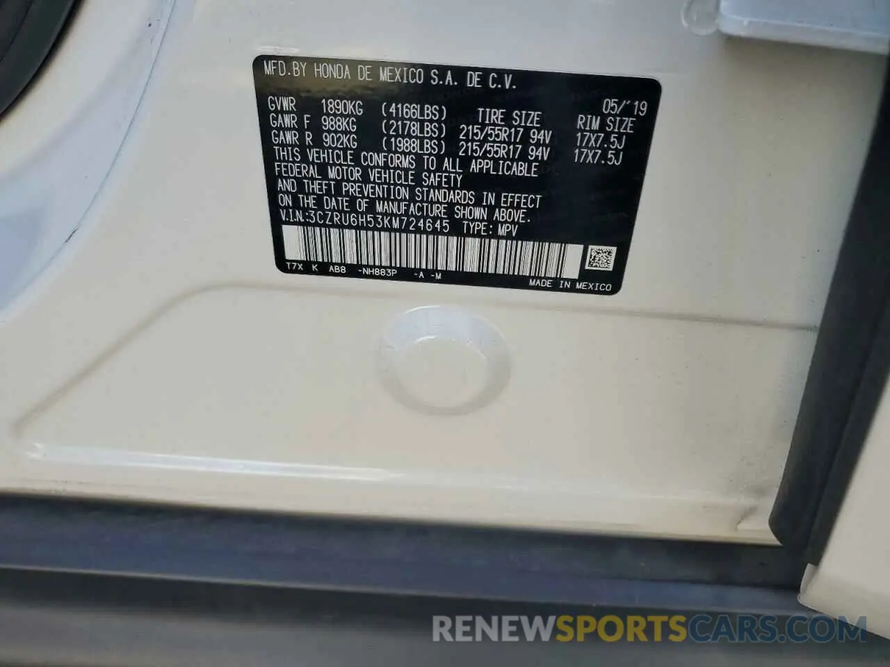 14 Photograph of a damaged car 3CZRU6H53KM724645 HONDA HR-V 2019