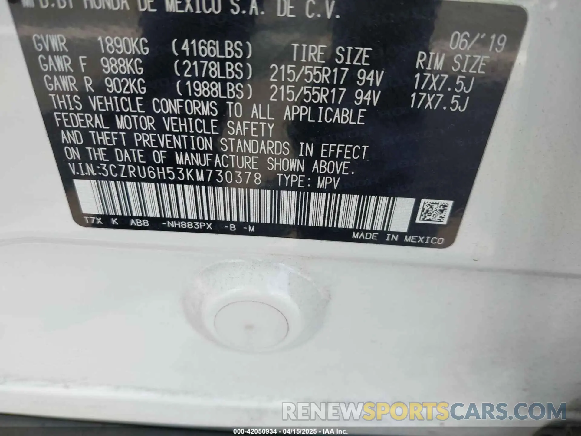 9 Photograph of a damaged car 3CZRU6H53KM730378 HONDA HR-V 2019