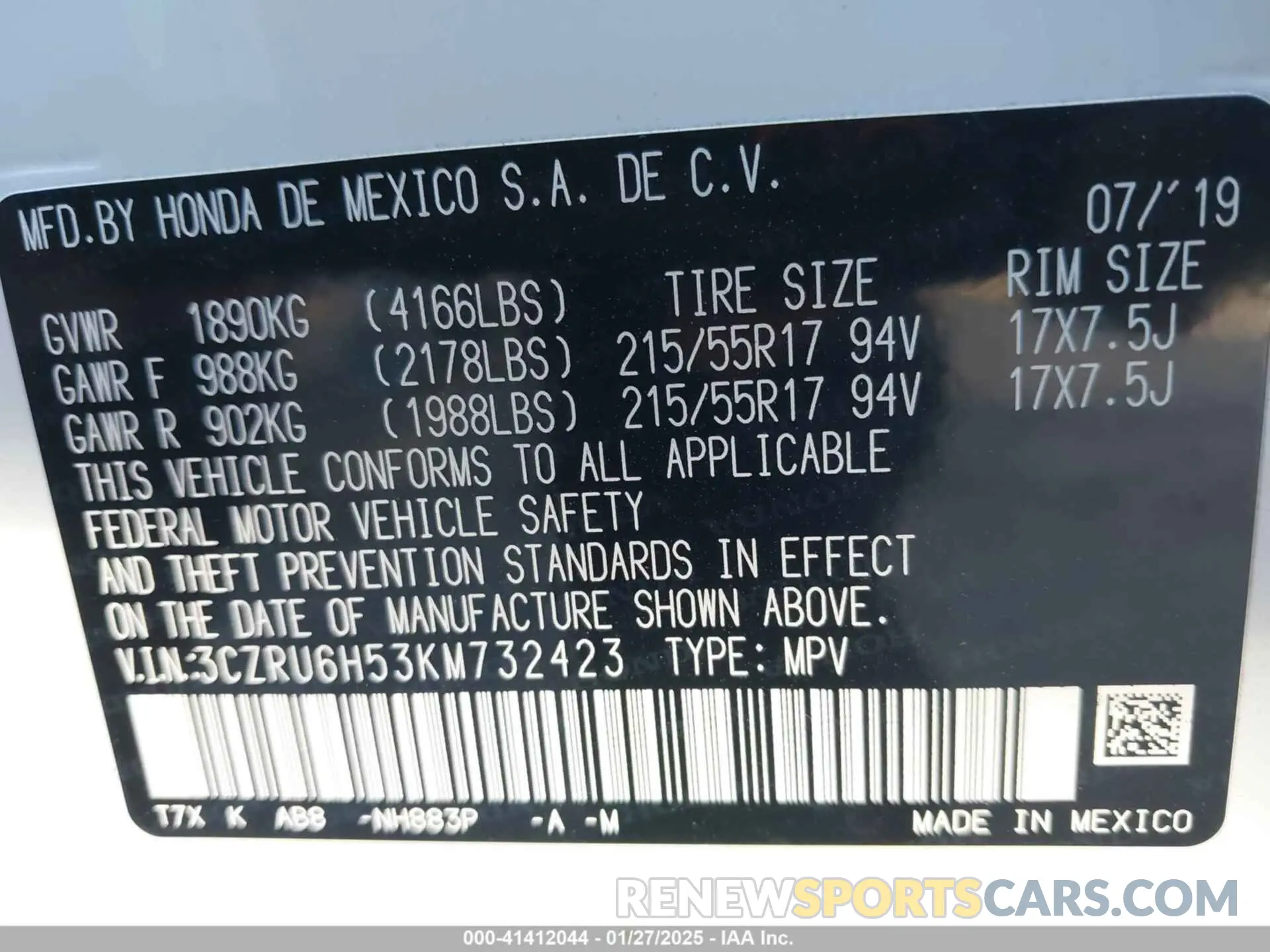 9 Photograph of a damaged car 3CZRU6H53KM732423 HONDA HR-V 2019