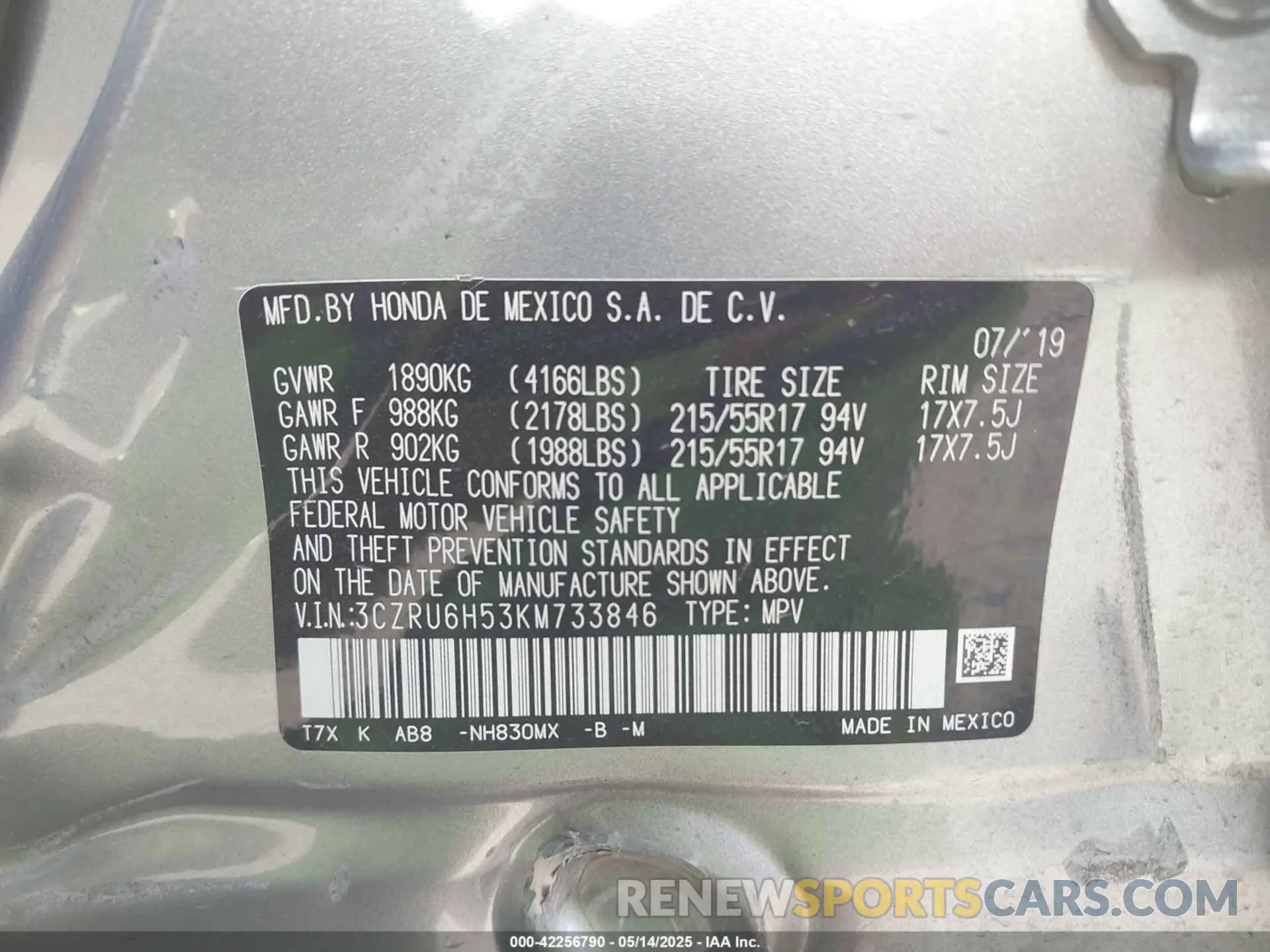 9 Photograph of a damaged car 3CZRU6H53KM733846 HONDA HR-V 2019