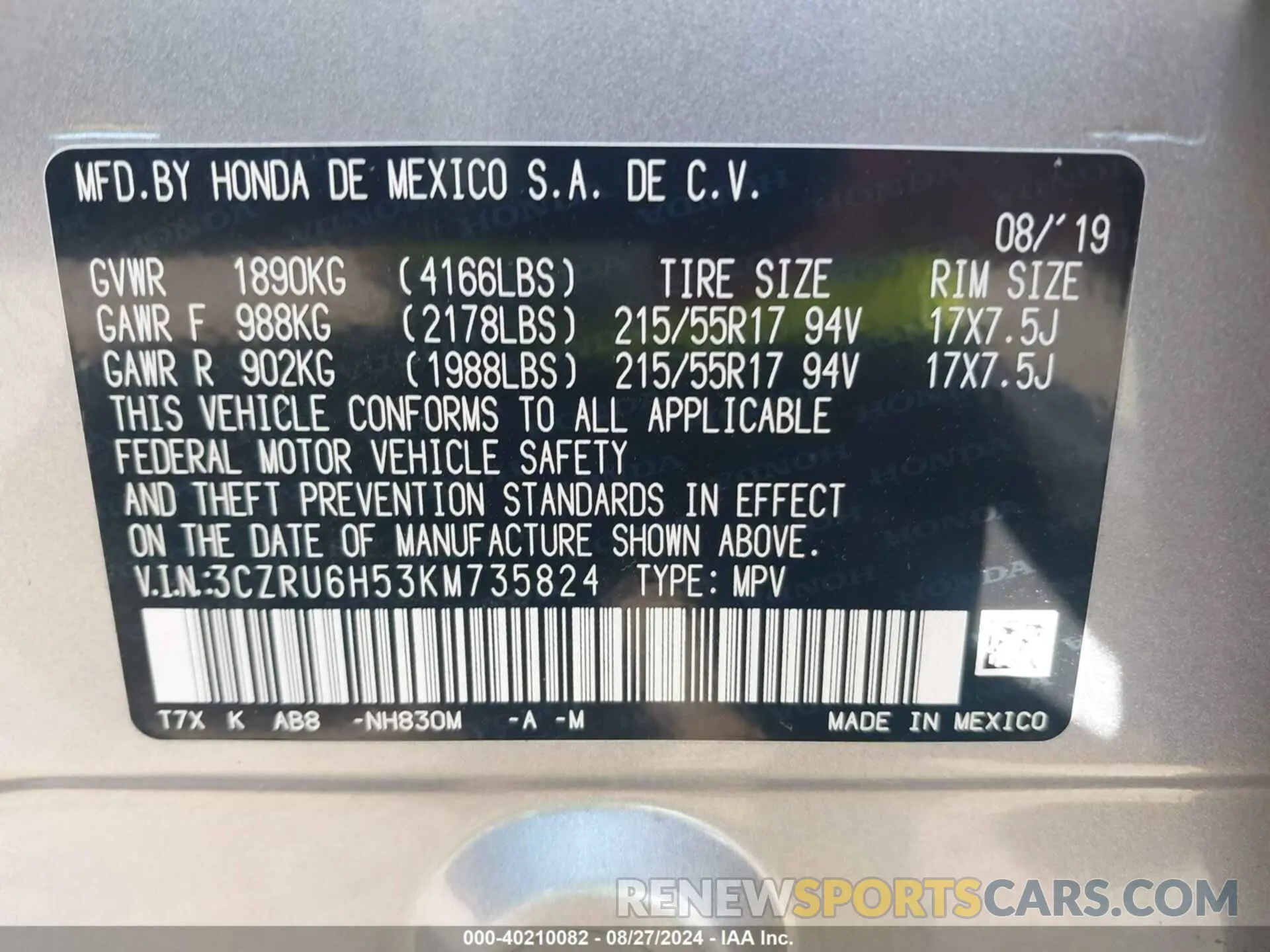 9 Photograph of a damaged car 3CZRU6H53KM735824 HONDA HR-V 2019