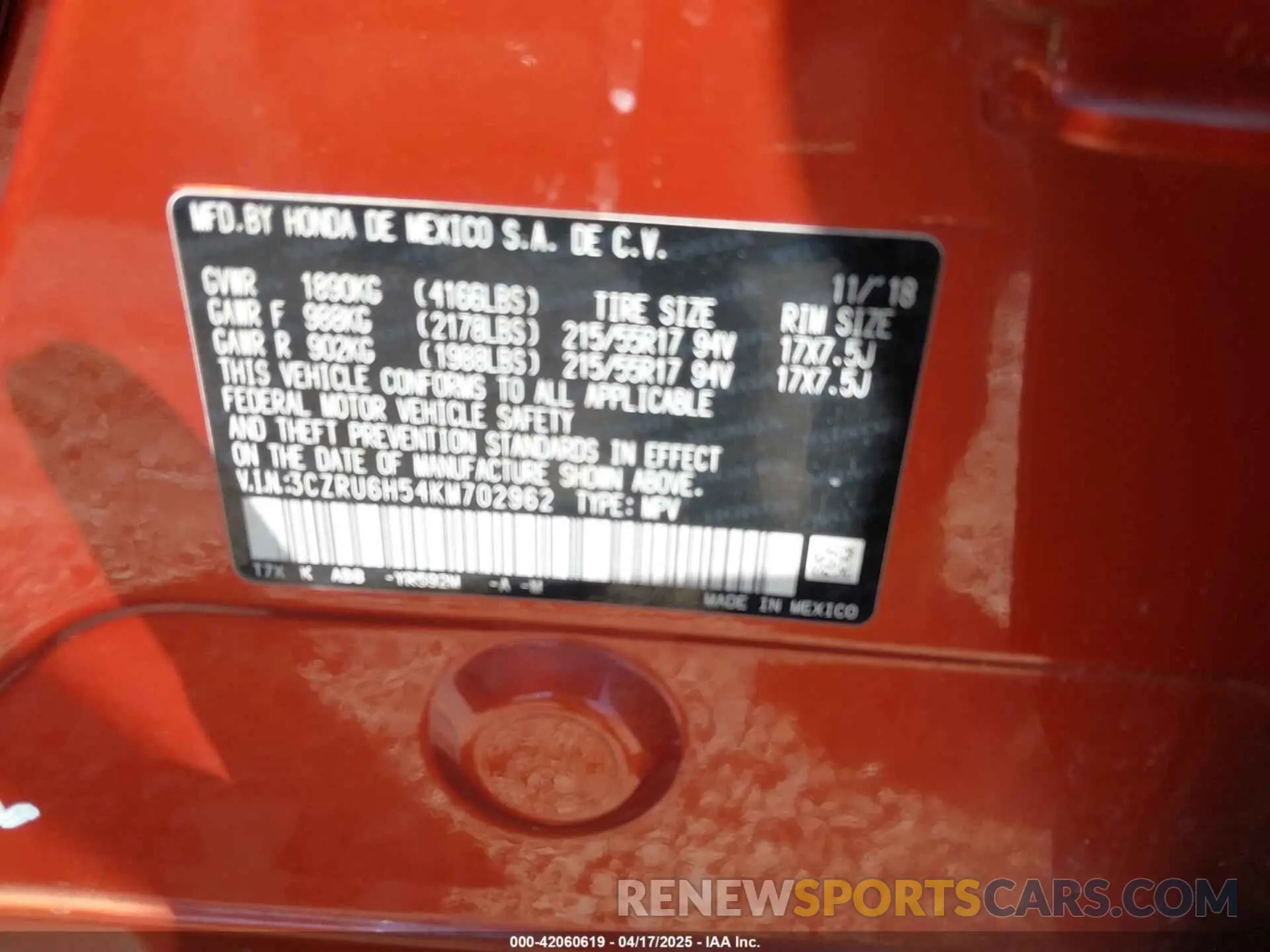 9 Photograph of a damaged car 3CZRU6H54KM702962 HONDA HR-V 2019