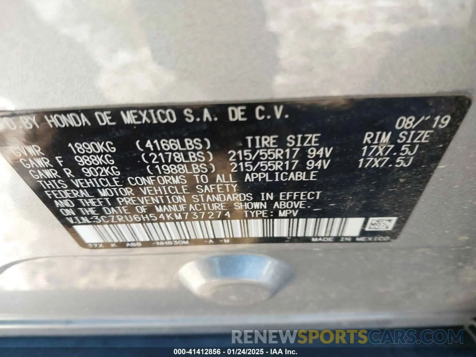 9 Photograph of a damaged car 3CZRU6H54KM737274 HONDA HR-V 2019