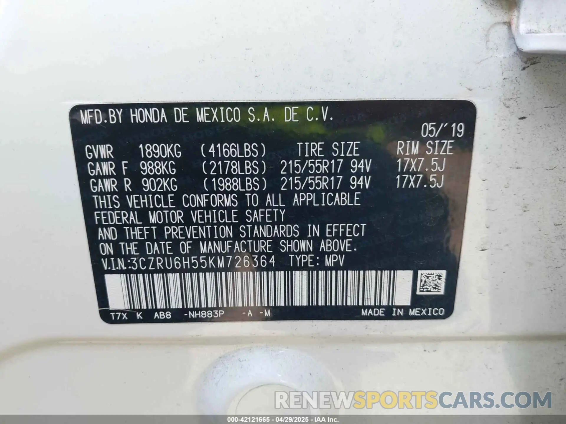 9 Photograph of a damaged car 3CZRU6H55KM726364 HONDA HR-V 2019