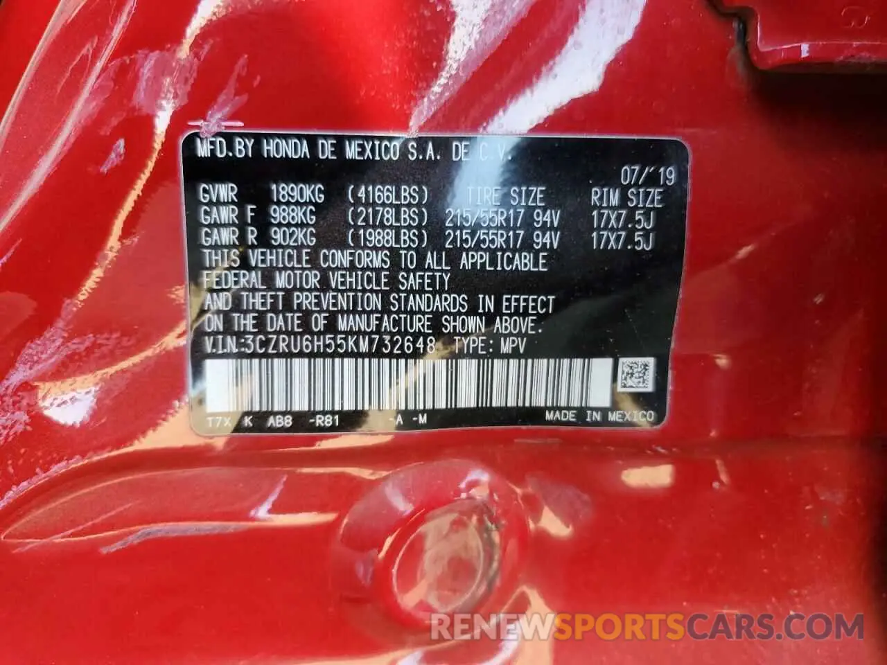 15 Photograph of a damaged car 3CZRU6H55KM732648 HONDA HR-V 2019