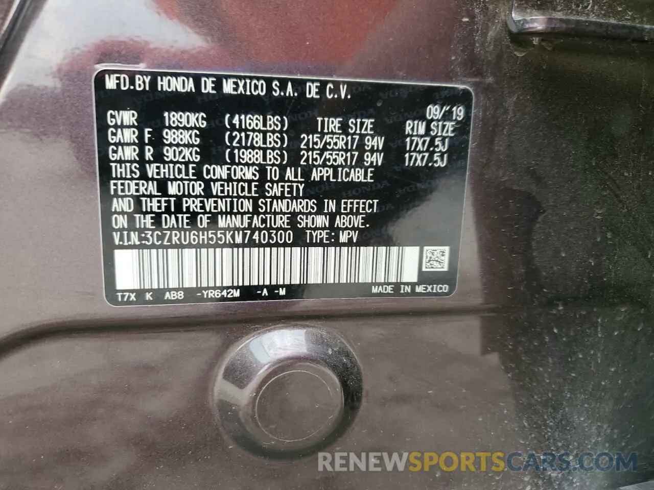 13 Photograph of a damaged car 3CZRU6H55KM740300 HONDA HR-V 2019