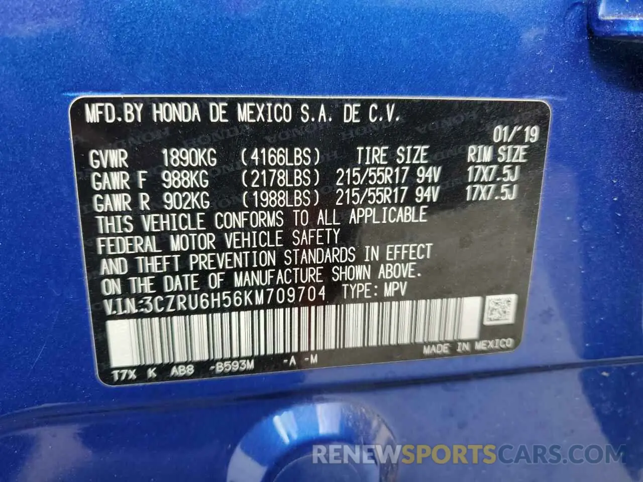 13 Photograph of a damaged car 3CZRU6H56KM709704 HONDA HR-V 2019