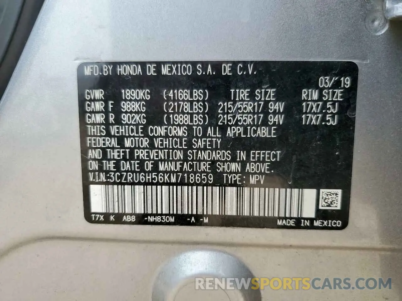 12 Photograph of a damaged car 3CZRU6H56KM718659 HONDA HR-V 2019