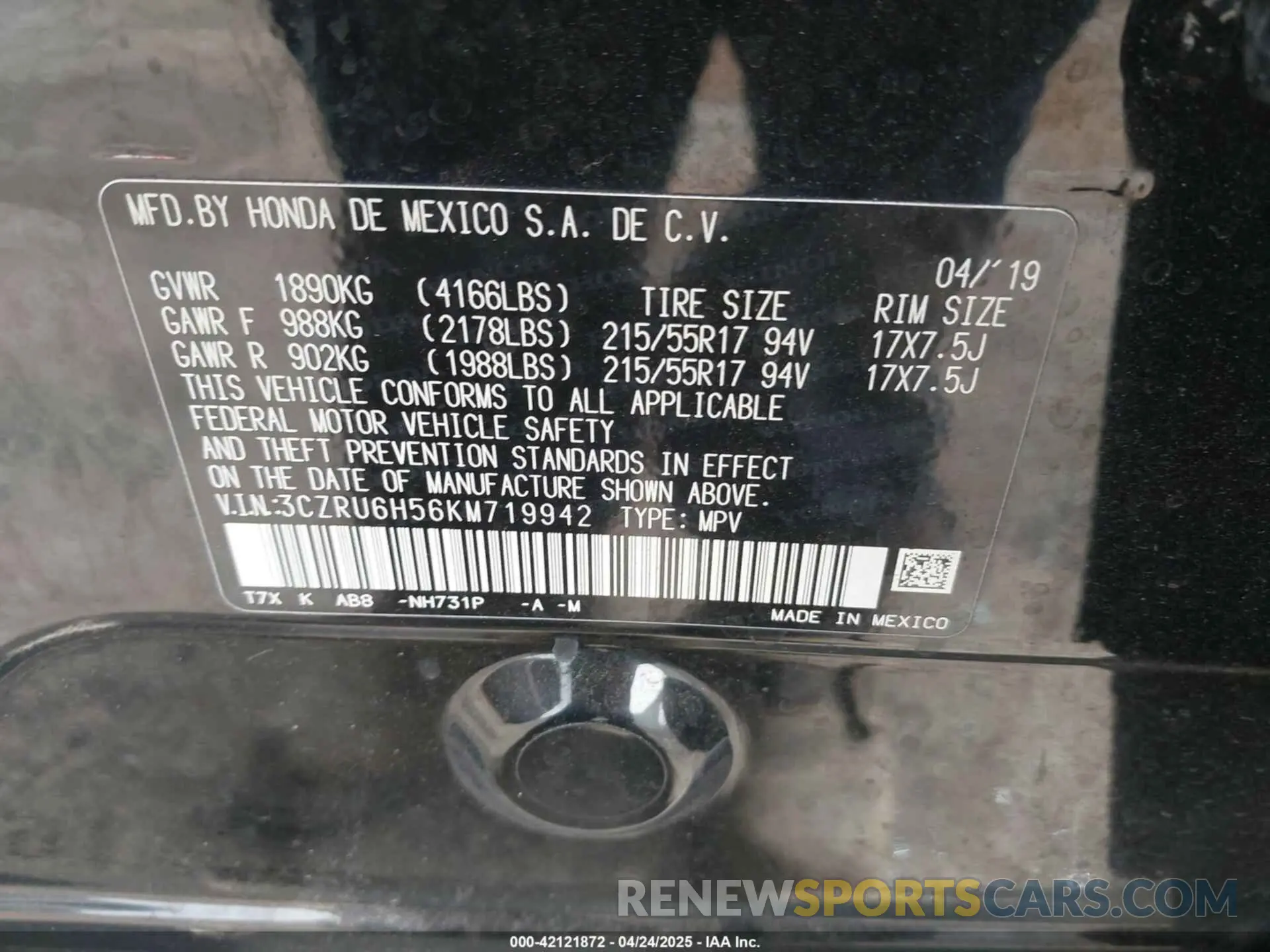 9 Photograph of a damaged car 3CZRU6H56KM719942 HONDA HR-V 2019