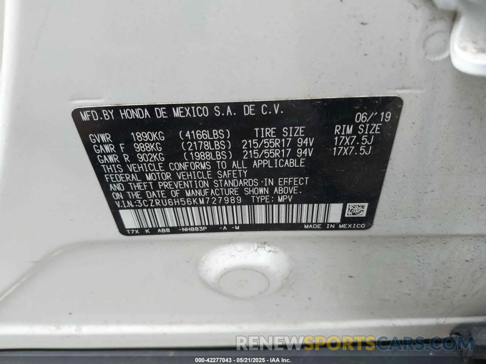 9 Photograph of a damaged car 3CZRU6H56KM727989 HONDA HR-V 2019