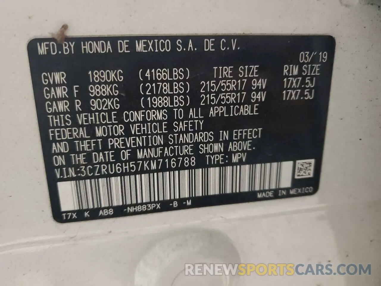 13 Photograph of a damaged car 3CZRU6H57KM716788 HONDA HR-V 2019