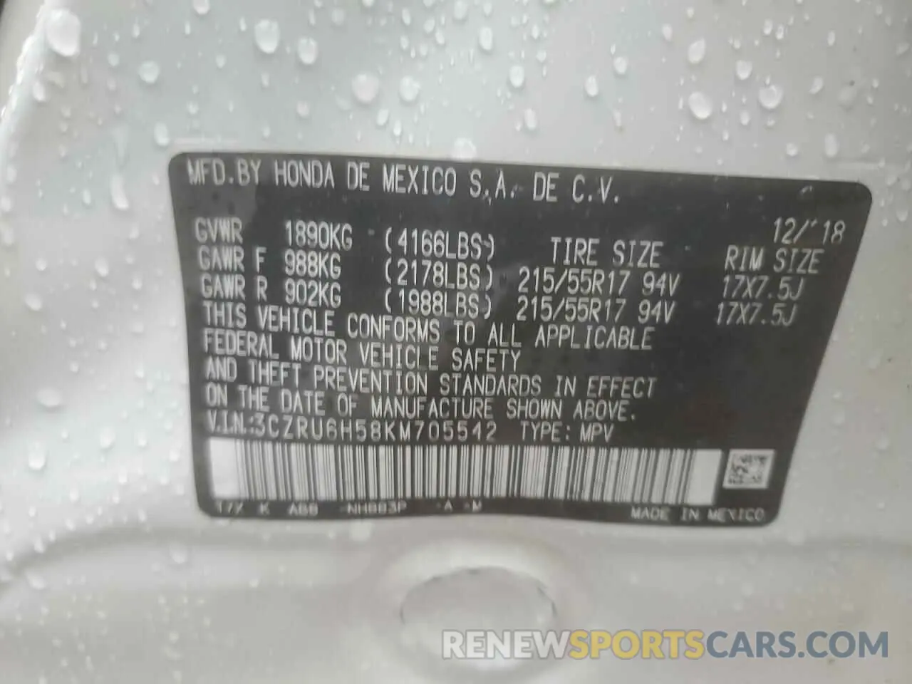 13 Photograph of a damaged car 3CZRU6H58KM705542 HONDA HR-V 2019