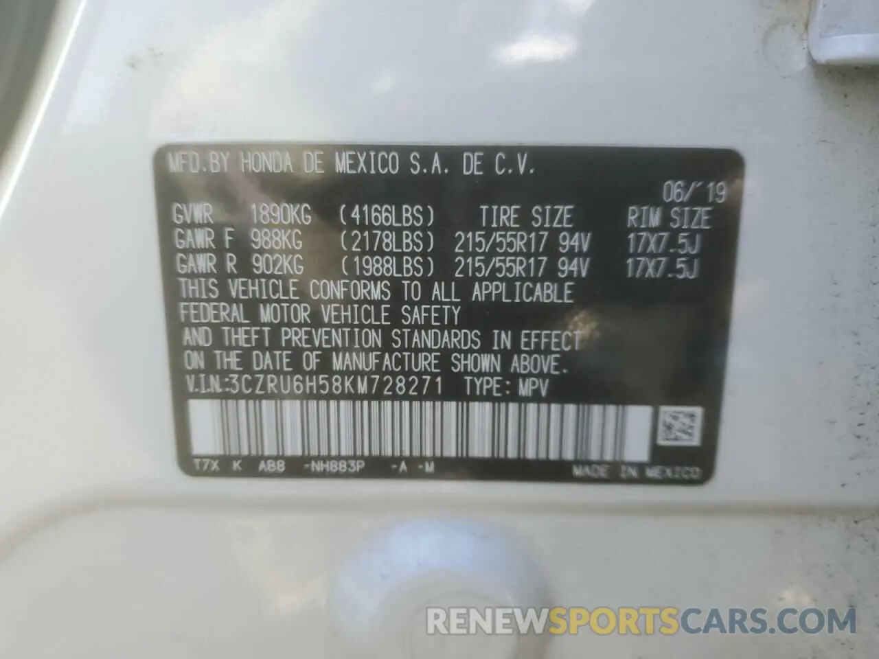 15 Photograph of a damaged car 3CZRU6H58KM728271 HONDA HR-V 2019