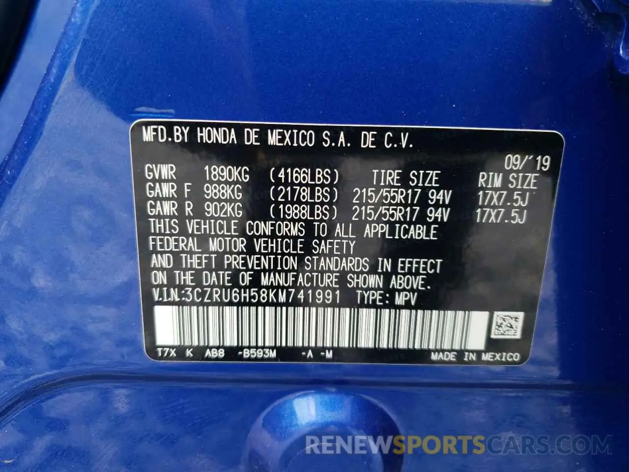 14 Photograph of a damaged car 3CZRU6H58KM741991 HONDA HR-V 2019