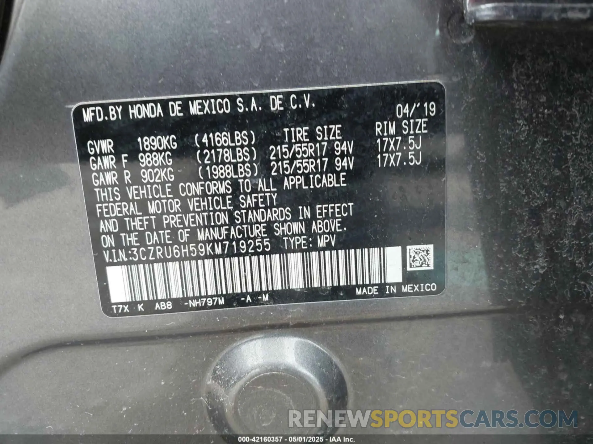 9 Photograph of a damaged car 3CZRU6H59KM719255 HONDA HR-V 2019