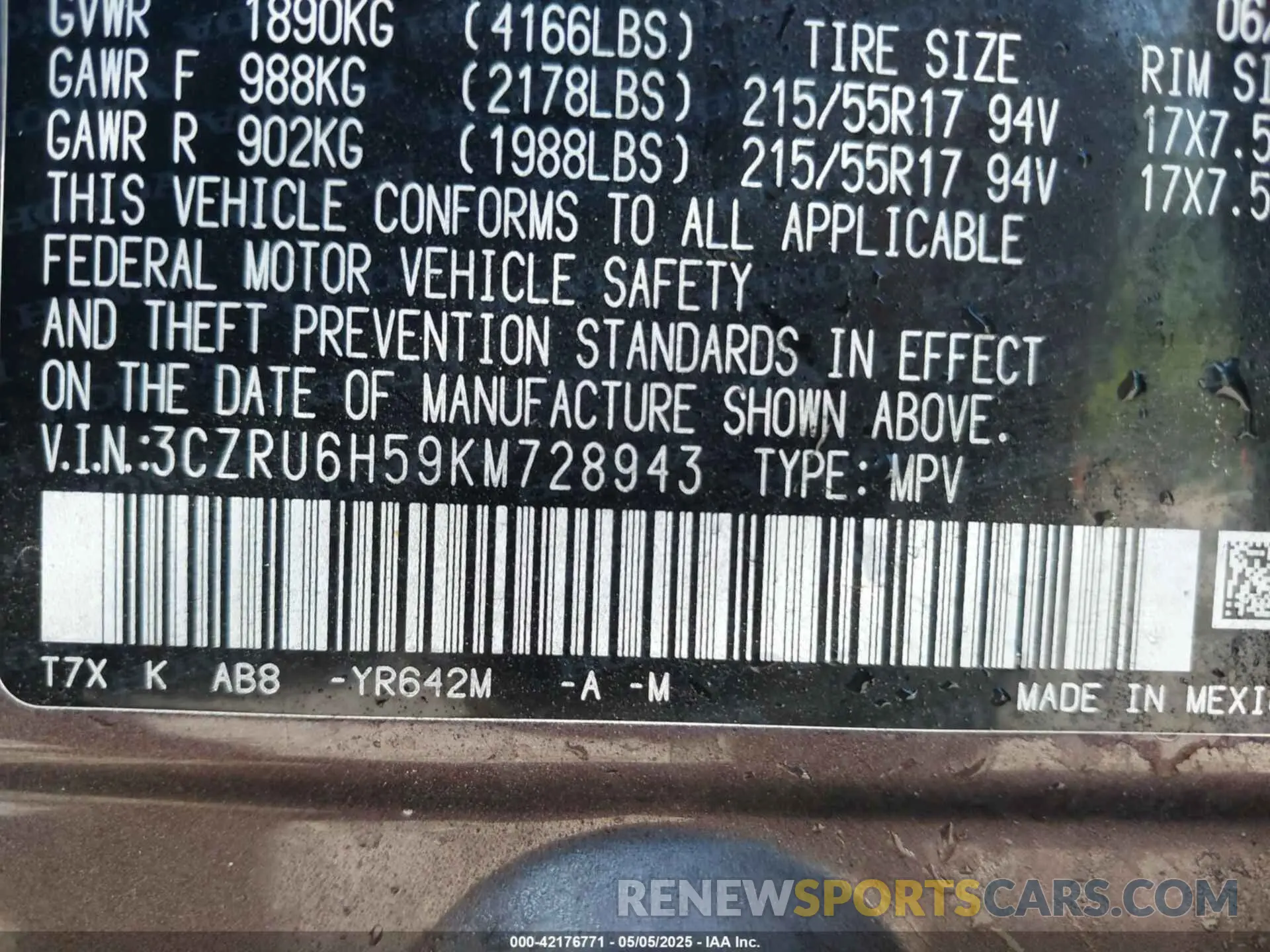 9 Photograph of a damaged car 3CZRU6H59KM728943 HONDA HR-V 2019