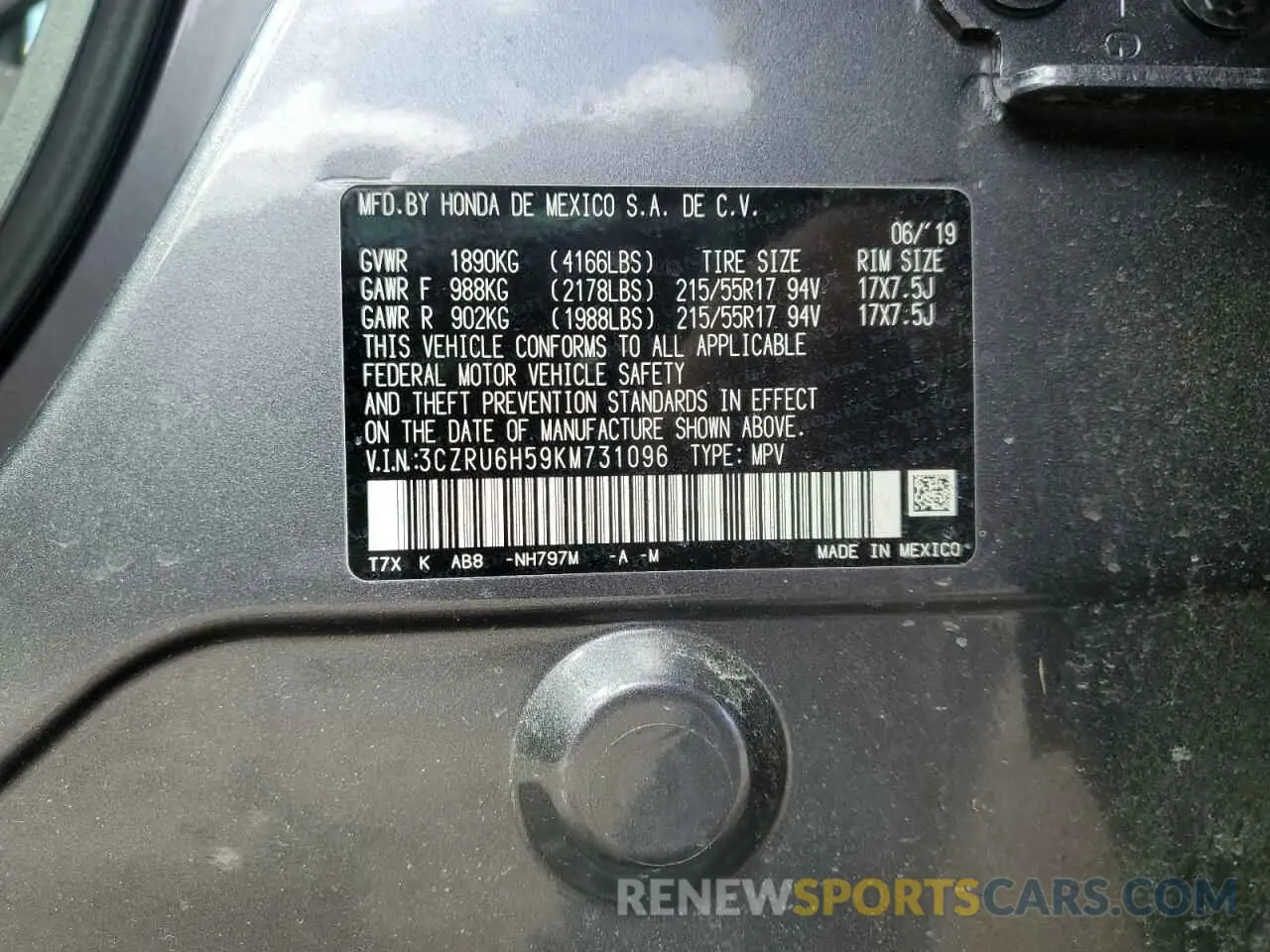 14 Photograph of a damaged car 3CZRU6H59KM731096 HONDA HR-V 2019