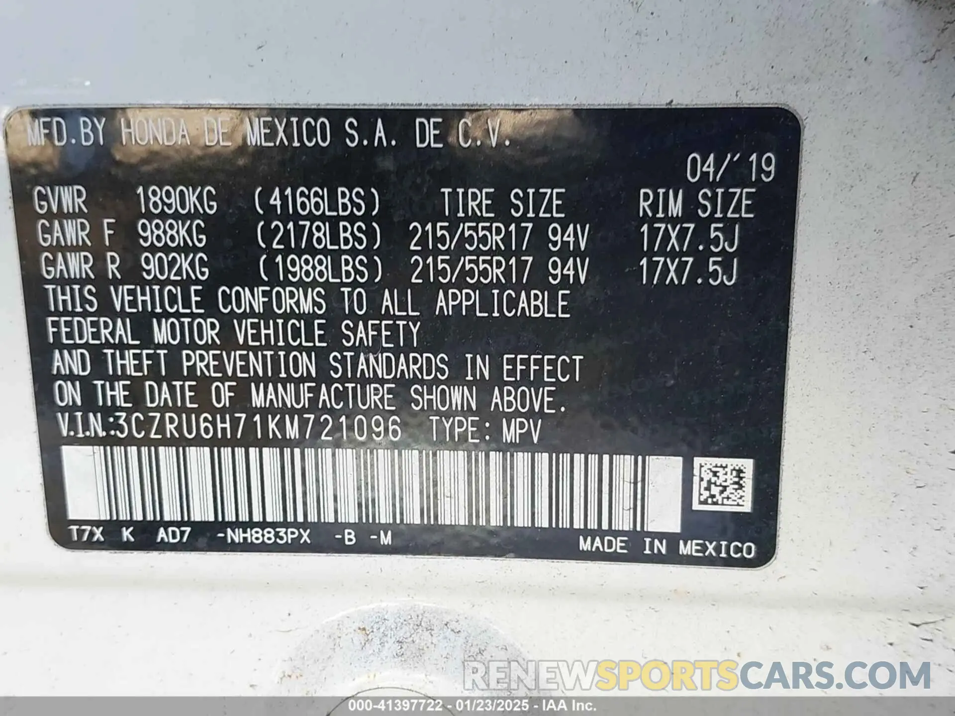 9 Photograph of a damaged car 3CZRU6H71KM721096 HONDA HR-V 2019