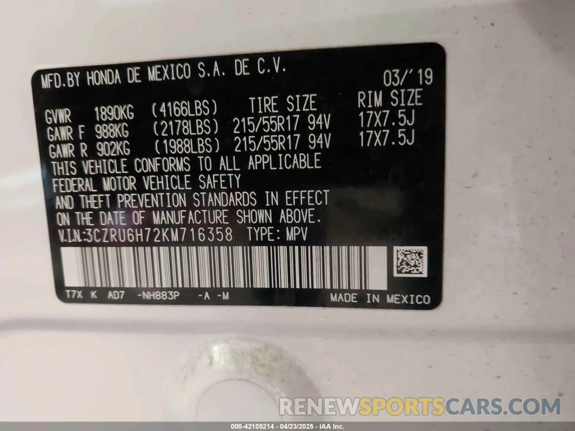 9 Photograph of a damaged car 3CZRU6H72KM716358 HONDA HR-V 2019