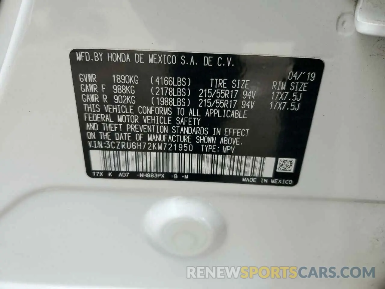 13 Photograph of a damaged car 3CZRU6H72KM721950 HONDA HR-V 2019