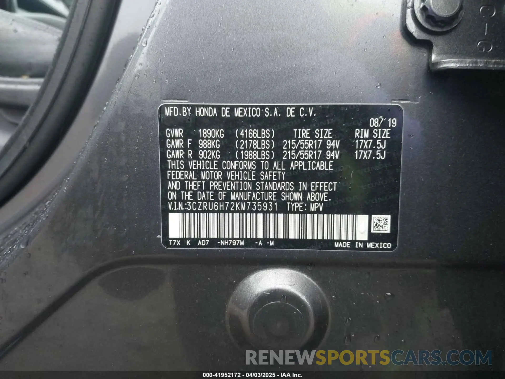9 Photograph of a damaged car 3CZRU6H72KM735931 HONDA HR-V 2019