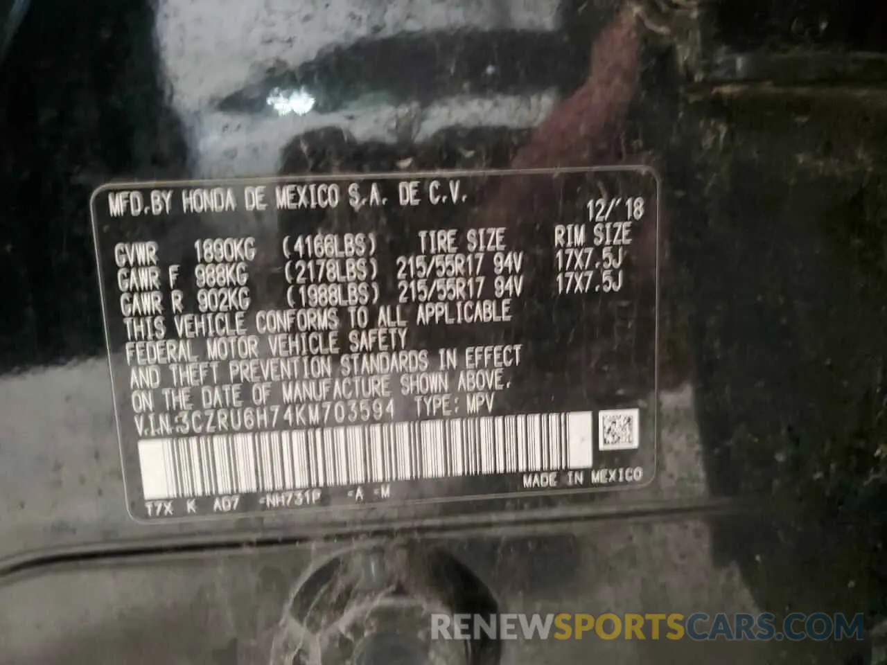 13 Photograph of a damaged car 3CZRU6H74KM703594 HONDA HR-V 2019