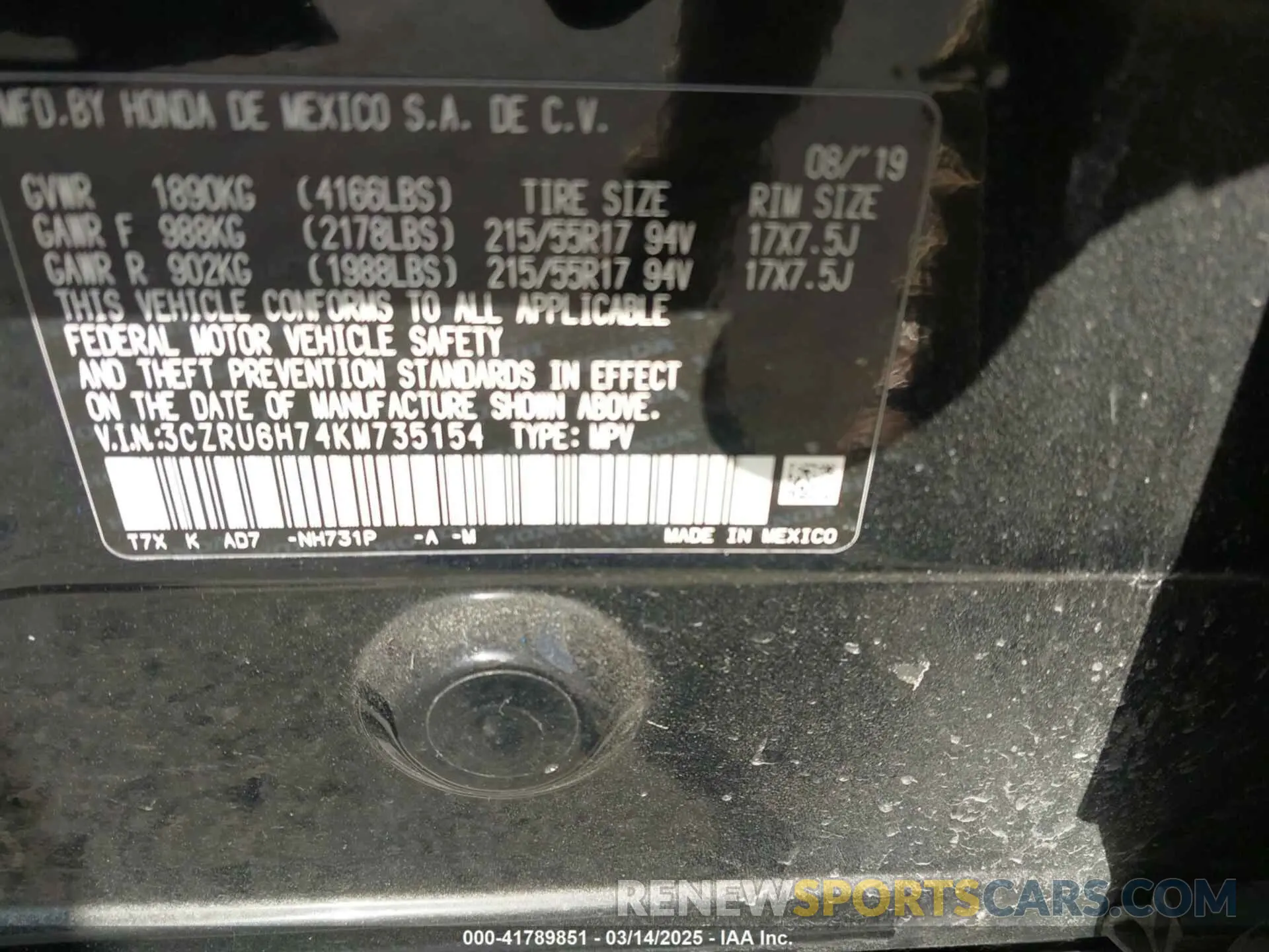 9 Photograph of a damaged car 3CZRU6H74KM735154 HONDA HR-V 2019