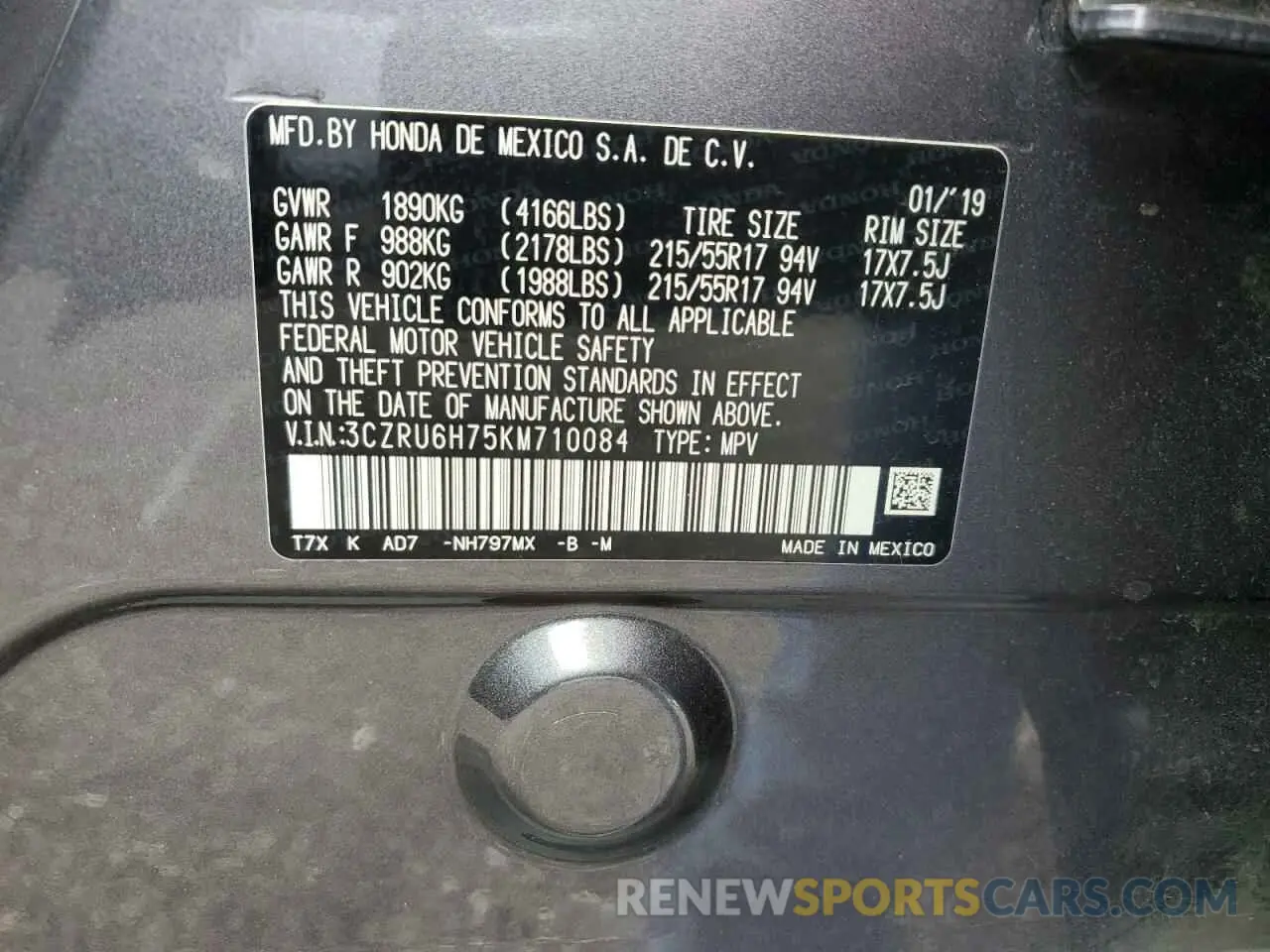 14 Photograph of a damaged car 3CZRU6H75KM710084 HONDA HR-V 2019