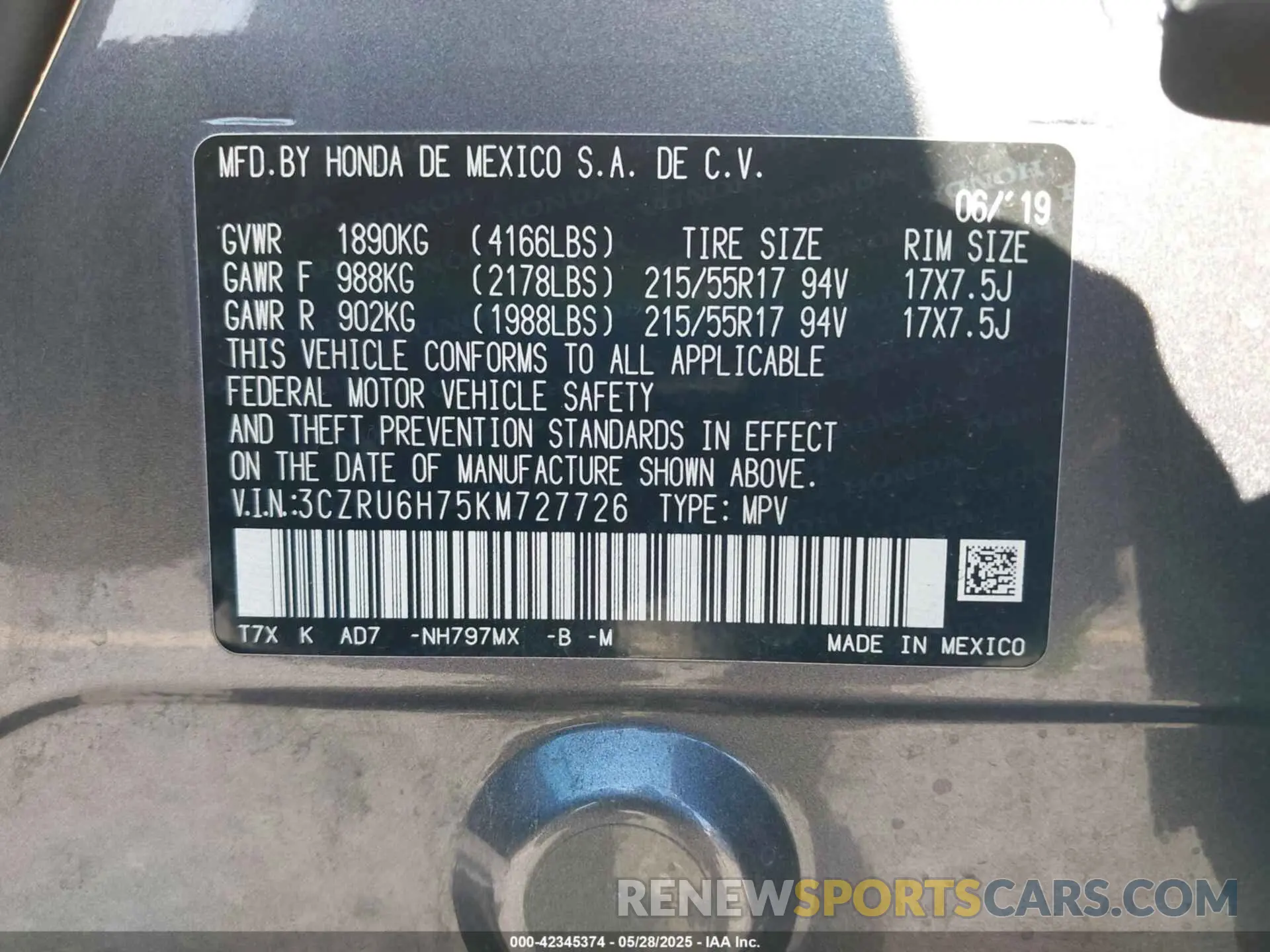 9 Photograph of a damaged car 3CZRU6H75KM727726 HONDA HR-V 2019