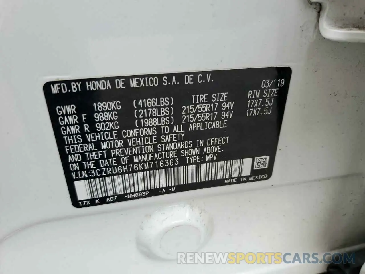 13 Photograph of a damaged car 3CZRU6H76KM716363 HONDA HR-V 2019